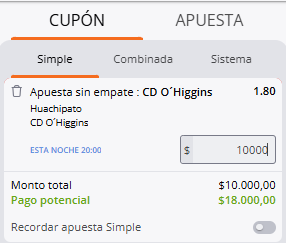 captura de apuesta sin empate realizada